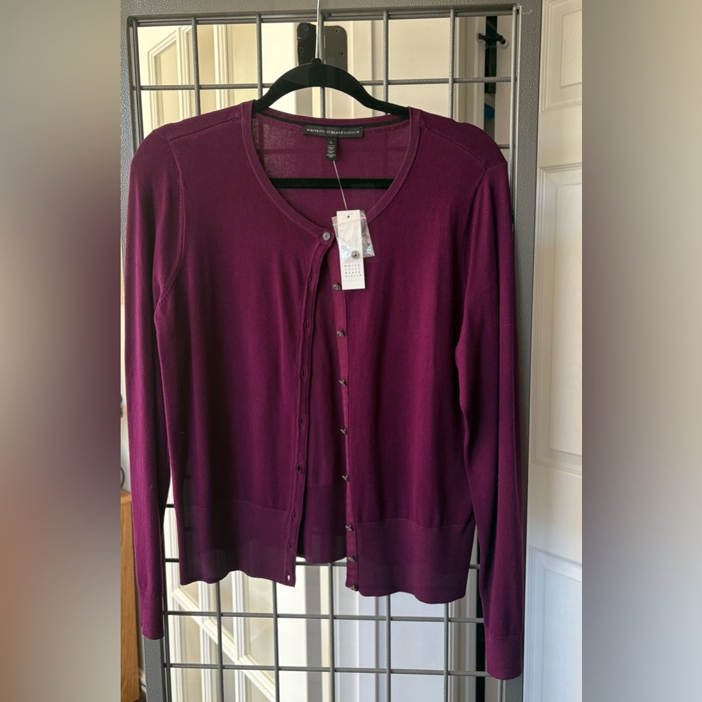 White House Black Market Plum cardigan with decorative buttons